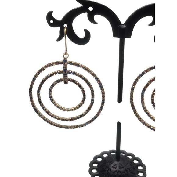 Triple Circle Multicolored Rhinestone Hoop French Wire Hook Earrlngs - Picture 4 of 16